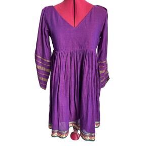 Mogra Women’s‎ Size Medium Cotton V Neck Sari Pleated Babydoll Dress Purple